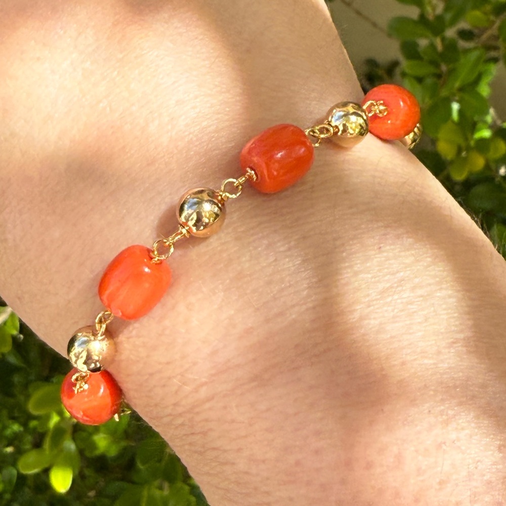 14K gold plated imitation salmon coral bead golden ball bracelet